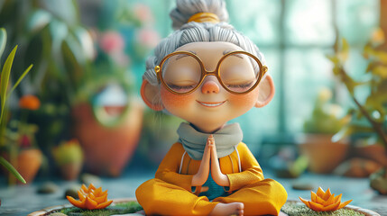 happy retirement lifestyle 3d cartoonish illustration, senior, heath and wellness. Old lady, woman practice yoga, meditation and relaxation. Concept of self care, longevity, healthy and happiness
