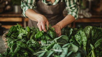 Surrounded by an array of leafy greens, the woman washes and prepares spinach with care, her hands moving with practiced ease as she embraces the nourishing power of wholesome ingr