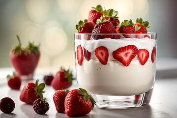 Strawberries nestled amidst creamy yogurt layers, berries crowning the top, ideal for festive occasions, arranged in a transparent glass, backlit to enhance the textures, vibrant reds and creamy white - obrazy, fototapety, plakaty