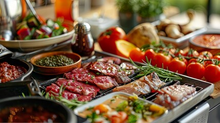 Obraz premium An enticing view of a variety of fresh meats and vegetables arranged on a platter, alongside bowls of dipping sauces, set against a backdrop of a tabletop grill,