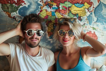 A man and a woman are standing in front of a map, examining it closely. They seem focused and engaged in the content of the map. Generative AI