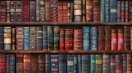 Mysterious Library Bookshelf background with many Antique Books arranged