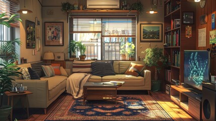 Cozy Living Room Homeliness: An illustration representing the homeliness of a cozy living room