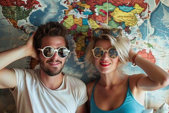 A man and a woman are standing in front of a map, examining it closely. They seem focused and engaged in the content of the map. Generative AI