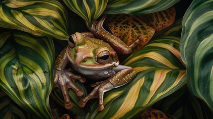An intimate portrait of a tree frog nestled among the leaves of a tropical plant, its velvety skin and intricate markings blending seamlessly with its surroundings,