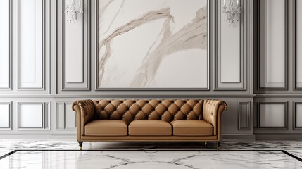 A Couch With A Marble Wall In The Living Room.