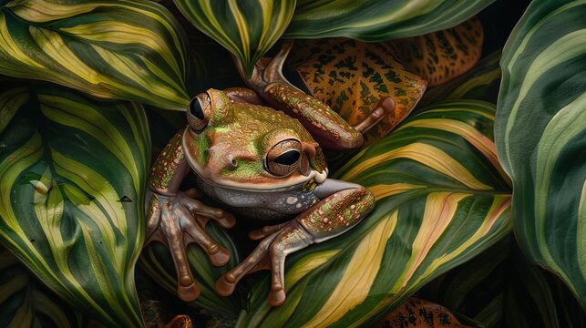 An intimate portrait of a tree frog nestled among the leaves of a tropical plant, its velvety skin and intricate markings blending seamlessly with its surroundings,