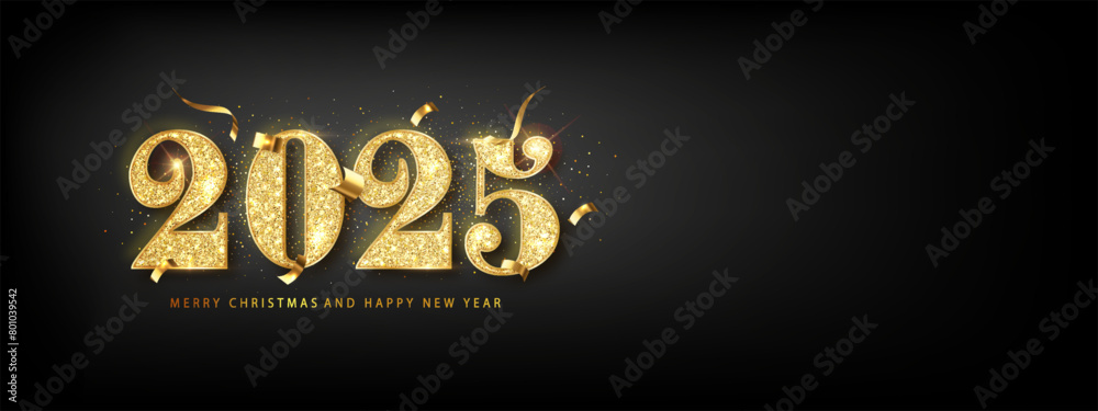 Wall mural 2025 elegant happy new year design. luxurious gold glitter numbers shiny with light. holiday design 