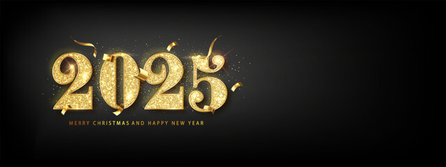 2025 Elegant happy new year design. Luxurious gold glitter numbers shiny with light. Holiday design for happy new year 2025 celebrations.
