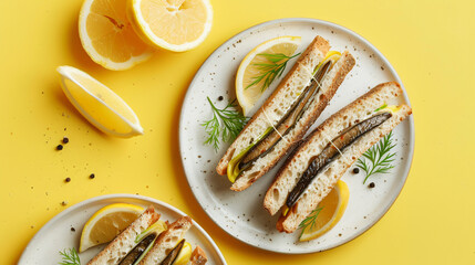 Plate of tasty sandwiches with canned smoked sprats  - obrazy, fototapety, plakaty