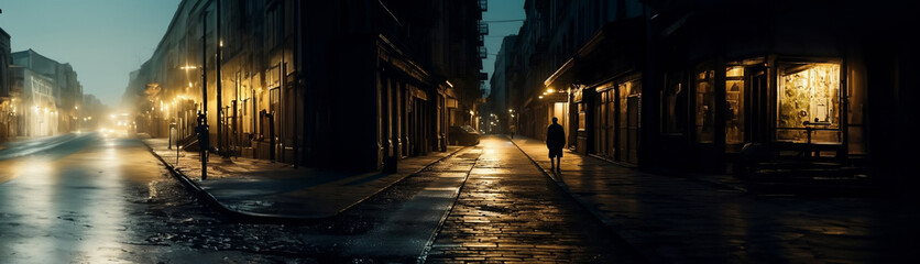 Mann in einer dunklen Hintergasse in der Innenstadt bei Nacht nach Regen - Urbane Gasse mit stimmungsvoller Beleuchtung