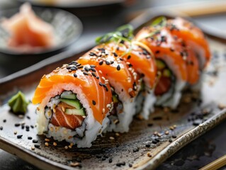 Philadelphia roll sushi with salmon, prawn, avocado, cream cheese. Sushi menu. Japanese food.