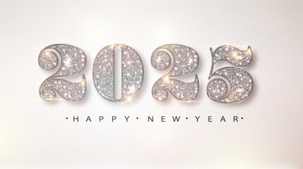 2025 silver New year banner with flying confetti and glitter numbers on bright background. Banner For Christmas and winter holiday headers, party flyers template