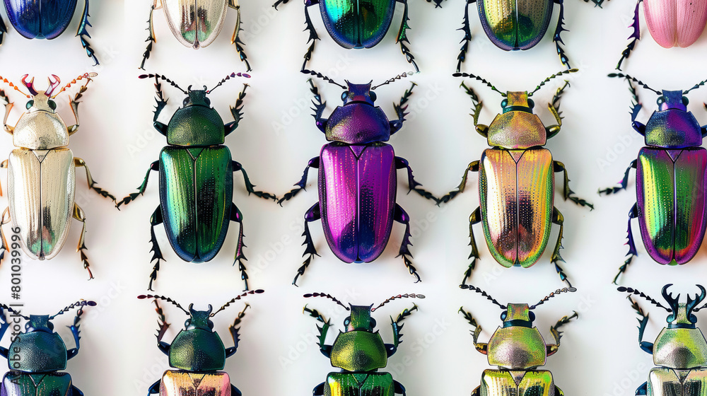 Wall mural a grid of various colored iridescent shiny jewel beetle illustrations on a white background.