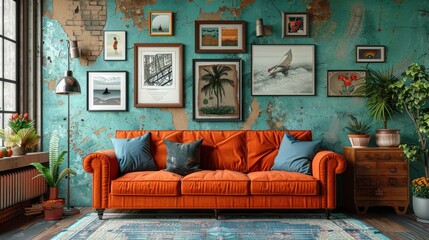Eclectic Living Room Wall Art: A 3D illustration highlighting an eclectic living room with an eclectic mix of wall art