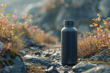 A stainless steel thermos bottle in matte charcoal gray - obrazy, fototapety, plakaty