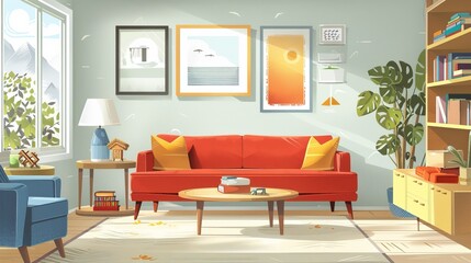 Family Living Room Kid-Friendly Features: An illustration depicting a family living room with kid-friendly features