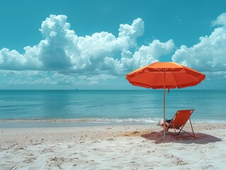 A beach umbrella stuck in the sand with an empty lounge chair next to it.