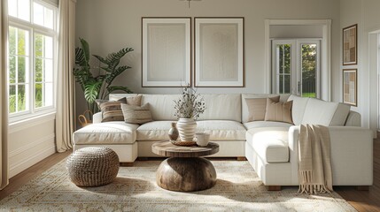 Family Living Room Neutral Palette: A 3D illustration showcasing a living room with a neutral color palette