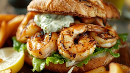 Close-up of a seafood sandwich filled with grilled squid, shrimp, and crispy lettuce, served on a toasted bun with a dollop of tartar sauce and a squeeze of lemon,