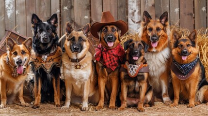 Western-Themed Dog Portraits: Canine Cowboys and Bandits on Hay Bale