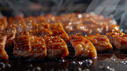 Close-up of succulent pork strips cooking on a tabletop grill, releasing mouthwatering aromas as they caramelize to perfection, 