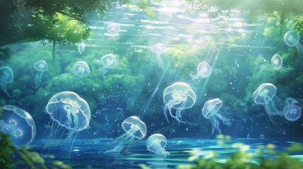 Enchanted Underwater Scene with Glowing Jellyfish