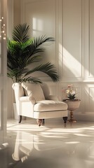 Naklejka premium A Vertical Image Of An Upholstered White Chair In A Bright And Airy Modern Living Room.