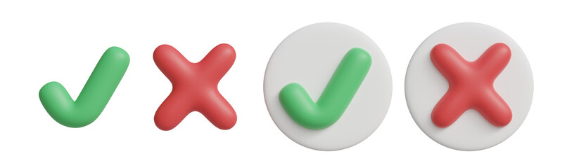 3D rendered illustration of check mark icon with cross or reject isolated on transparent background. For confirmation, application, decoration