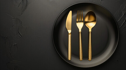 Plate with golden cutlery on black background