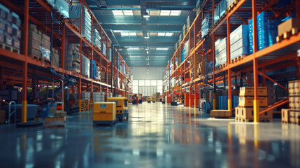 A dynamic scene of warehouse operations, showcasing efficient logistics management and organization of goods for distribution.