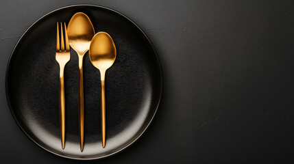 Plate with golden cutlery on black background