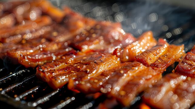 Close-up of thinly sliced pork belly cooking on a hot grill, its edges crisping up and releasing savory aromas, 