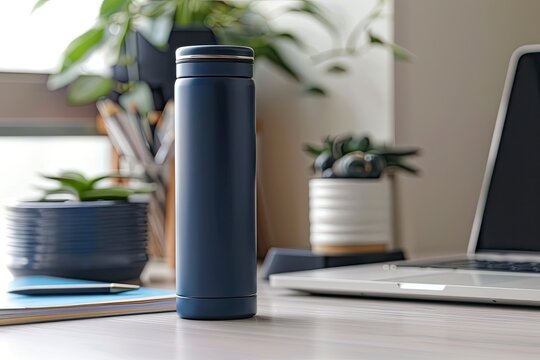 A matte navy blue thermos bottle exudes professionalism and reliability