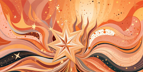 Abstract background of wavy lines, stars in Peach Fuzz shade, banner with space for text. Concept: Delicate color of the year for design and cover.