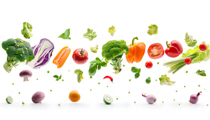 Flying healthy vegetables on white background