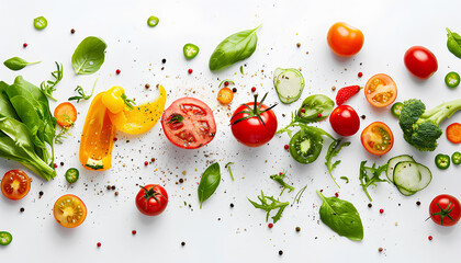 Flying healthy vegetables on white background