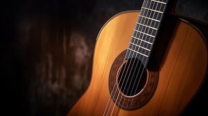 Classical guitar close up, dramatically lit on a black background with copy space