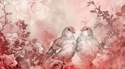 Romantic Birds and Roses on Vintage Lace Background