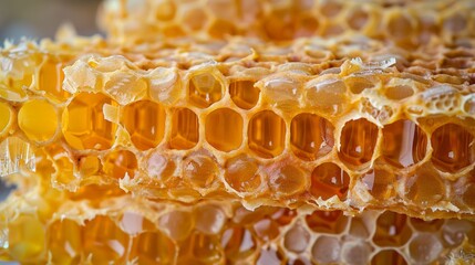 A close up of honeycomb with honey dripping from it