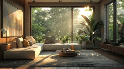 Natural Light Cozy Setting: A 3D illustration showcasing a living room with a cozy setting