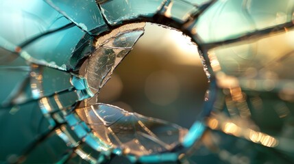 A shattered glass lens with a hole in the center