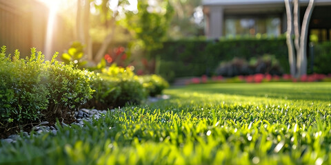 Green lawn closely mowed grass.Close up of green lawn on a sunny day. Blue sky on the background. Summer garden border.