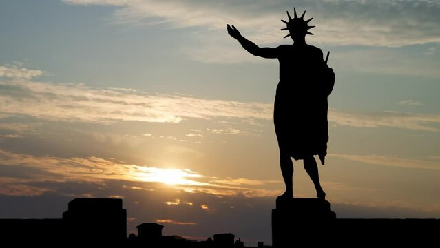 Colossus of Rhodes at Sunrise, Time Lapse with Colorful Sky and Dark Silhouette of one of the Seven Wonders of the Ancient World