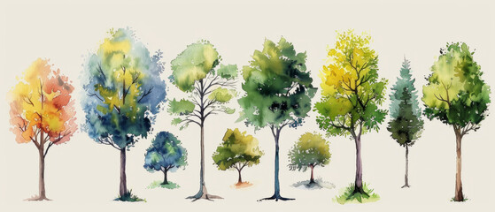 A set of hand-drawn watercolor trees for use in artistic projects, featuring a collection of trees found in the forest.