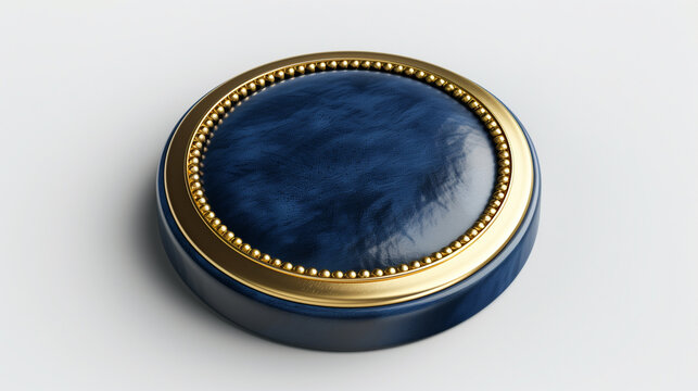 Beautiful dark blue seal for documents with a gold border close-up on a white background, 3D render of a circular navy blue box with a golden edge, on a white background



