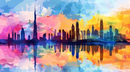 A postcard with a watercolor abstract urban landscape with the sights of Dubai on the background of the sea with reflections in the evening, The concept of summer holidays and tourism