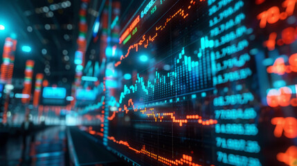 Obraz premium a digital display showing a rising financial growth chart against the background of a busy stock market floor, symbolizing a thriving market and economic success.