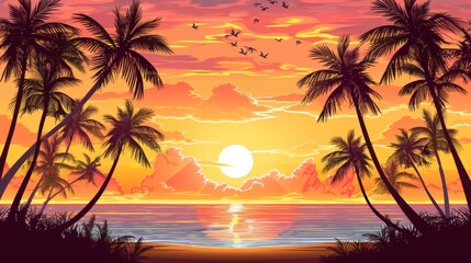 Tropical Sunset Paradise with Palm Silhouettes and Ocean Reflection
