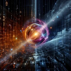 Obraz premium Hidden Dimensions of Reality, String Theory, Quantum Mechanics, Light and Dark, Binary Code illustration background.